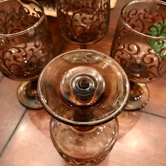 Vintage Libbey Glass Prado Tawny Brown Raised Scroll Wine Glass Set(4) USA 70's - Picture 7 of 8
